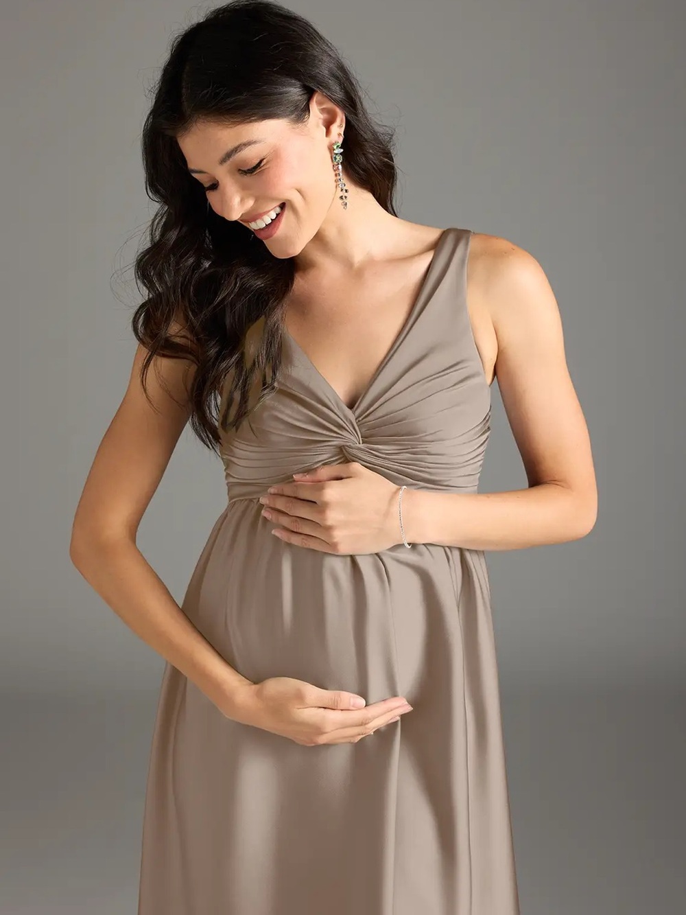 Azazie Sleeveless Twist Maternity Maxi Dress in Taupe
